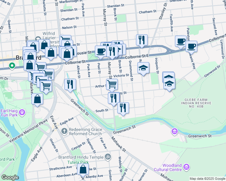 map of restaurants, bars, coffee shops, grocery stores, and more near 73 Murray Street in Brantford