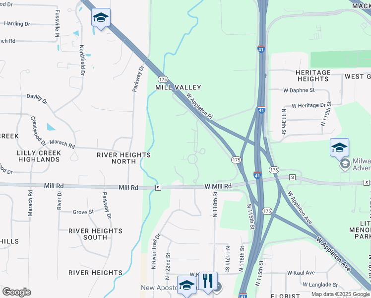 map of restaurants, bars, coffee shops, grocery stores, and more near 11958 West Mill Road in Milwaukee