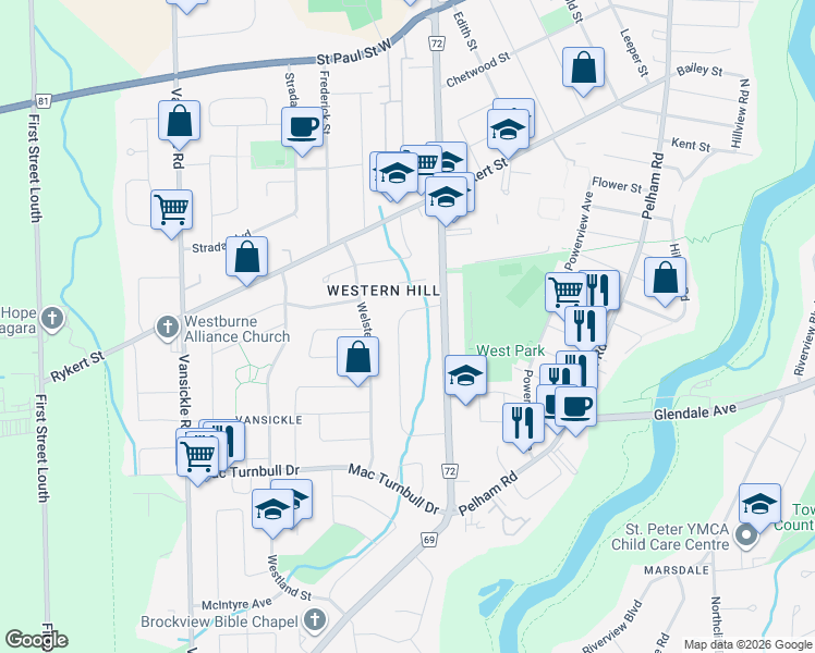 map of restaurants, bars, coffee shops, grocery stores, and more near 13 Valley Road in St. Catharines