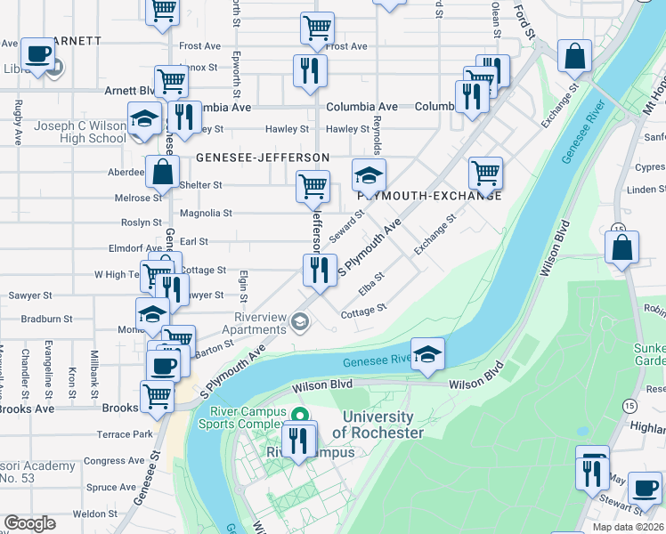 map of restaurants, bars, coffee shops, grocery stores, and more near 1117 Plymouth Avenue South in Rochester