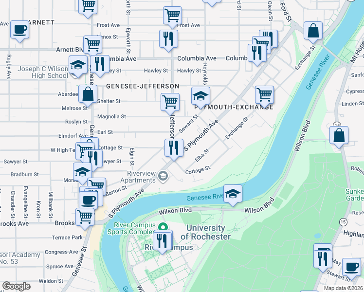 map of restaurants, bars, coffee shops, grocery stores, and more near 1128 South Plymouth Avenue in Rochester