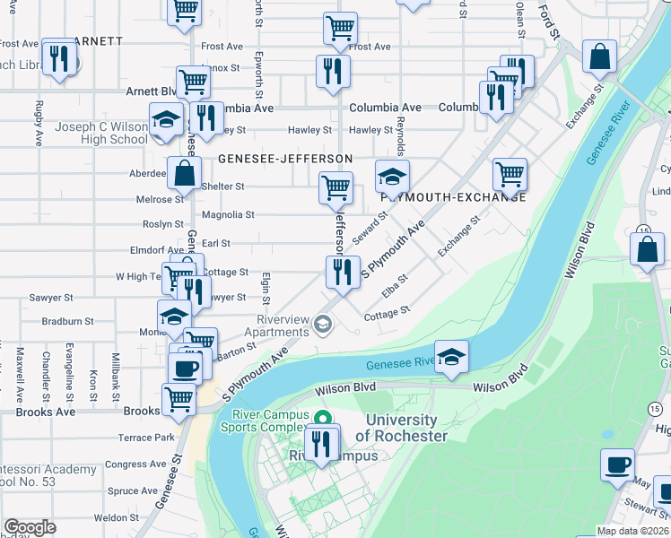 map of restaurants, bars, coffee shops, grocery stores, and more near 251 Cottage Street in Rochester