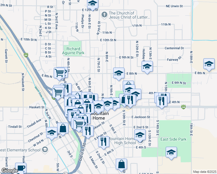 map of restaurants, bars, coffee shops, grocery stores, and more near 505 North 9th East in Mountain Home