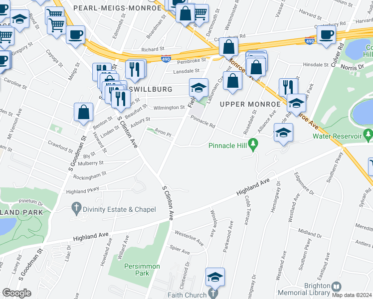 map of restaurants, bars, coffee shops, grocery stores, and more near 308 Crosman Terrace in Rochester