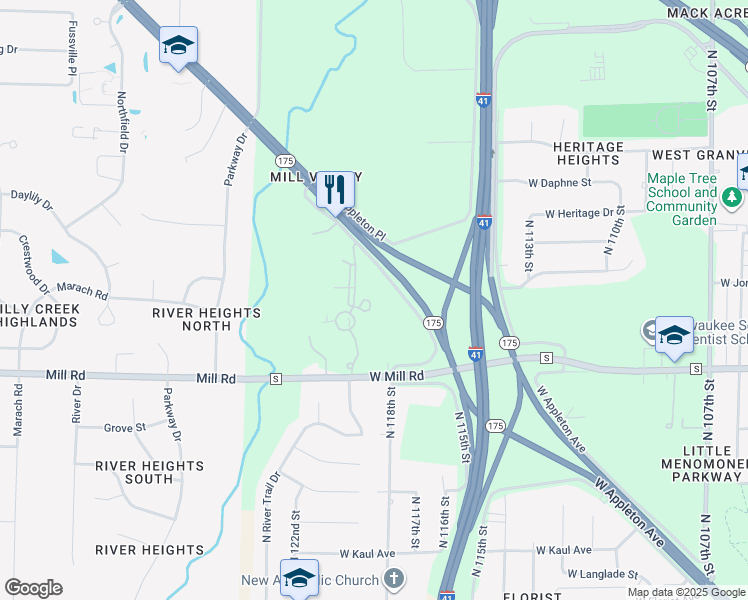 map of restaurants, bars, coffee shops, grocery stores, and more near 11927 West Appleton Avenue in Milwaukee