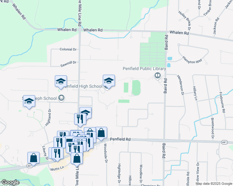 map of restaurants, bars, coffee shops, grocery stores, and more near 25 High School Drive in Penfield