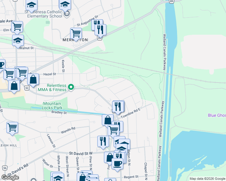 map of restaurants, bars, coffee shops, grocery stores, and more near 44 Saint Peter Street in St. Catharines