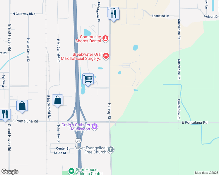 map of restaurants, bars, coffee shops, grocery stores, and more near 6396 Harvey Street in Norton Shores