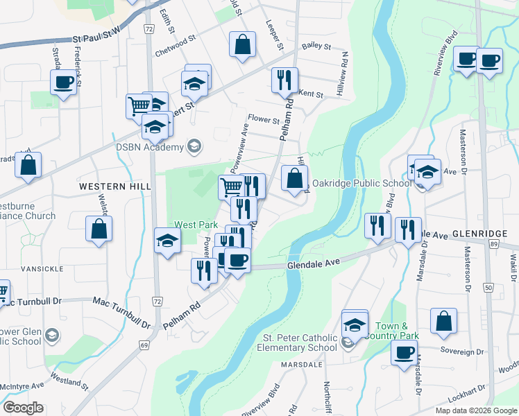 map of restaurants, bars, coffee shops, grocery stores, and more near 59 Parker Street in Saint Catharines