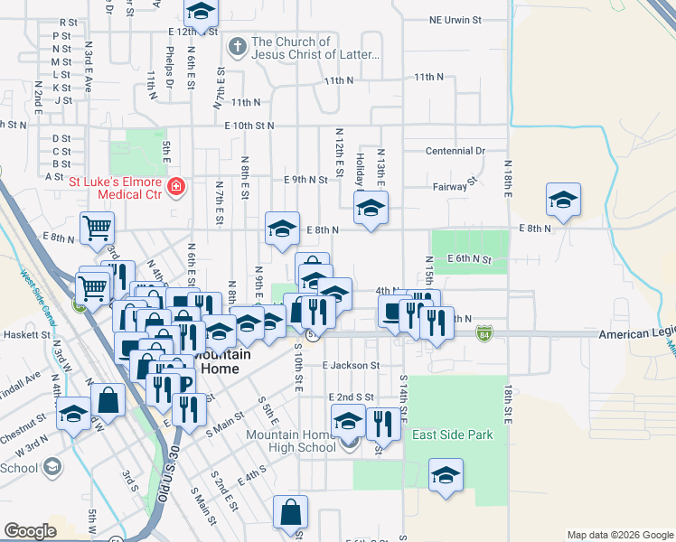 map of restaurants, bars, coffee shops, grocery stores, and more near 480 North 11th East Street in Mountain Home