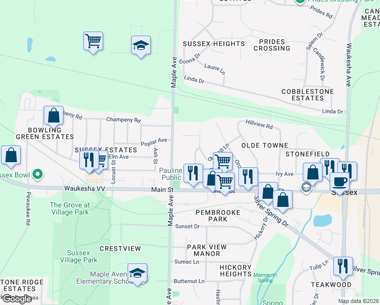 map of restaurants, bars, coffee shops, grocery stores, and more near 6498 Elmwood Avenue in Sussex