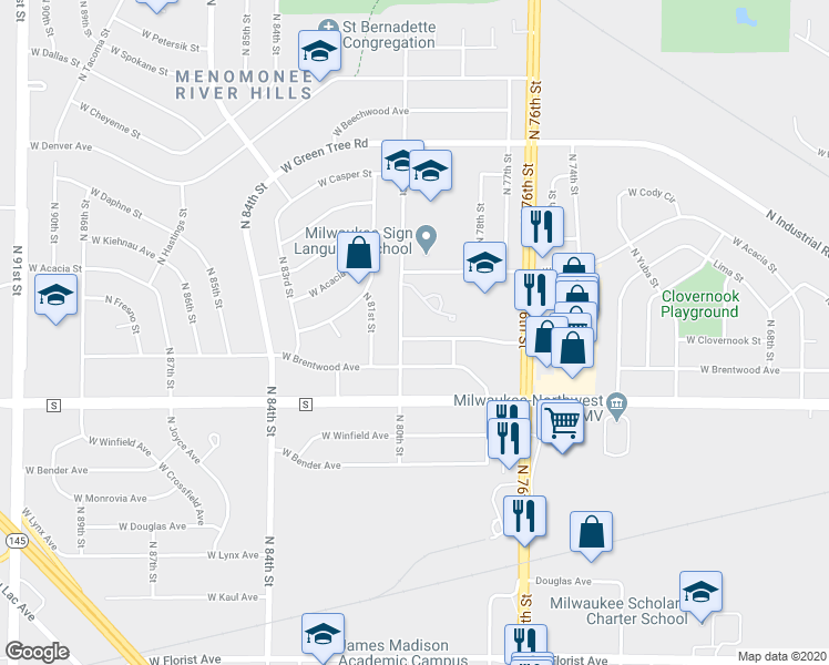 map of restaurants, bars, coffee shops, grocery stores, and more near 7920 West Clovernook Street in Milwaukee
