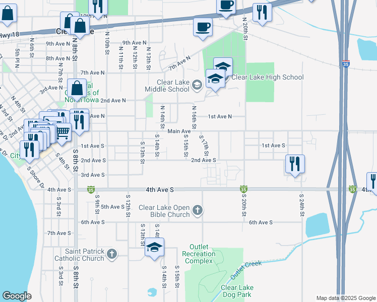map of restaurants, bars, coffee shops, grocery stores, and more near 1502 2nd Avenue North in Clear Lake