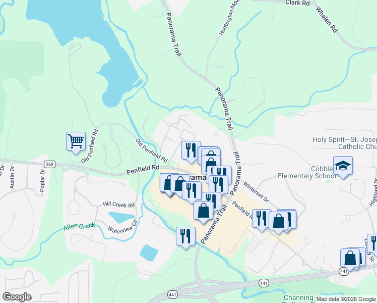 map of restaurants, bars, coffee shops, grocery stores, and more near 1600 Penfield Road in Rochester