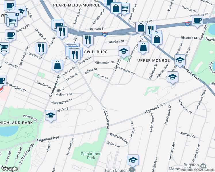 map of restaurants, bars, coffee shops, grocery stores, and more near 353 Field Street in Rochester