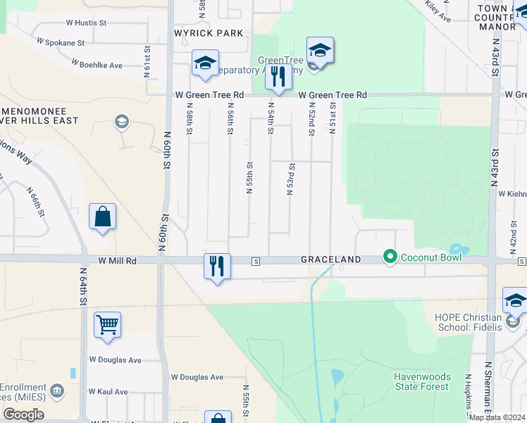 map of restaurants, bars, coffee shops, grocery stores, and more near 6479 North 54th Street in Milwaukee