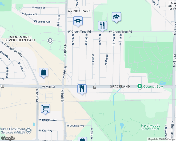 map of restaurants, bars, coffee shops, grocery stores, and more near 6465 North 55th Street in Milwaukee