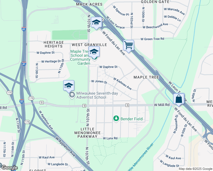 map of restaurants, bars, coffee shops, grocery stores, and more near 6454 North 105th Street in Milwaukee
