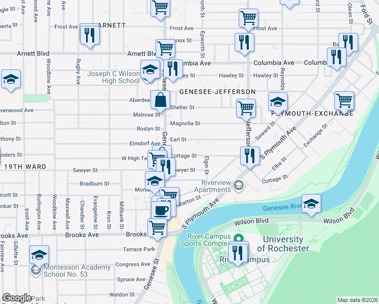 map of restaurants, bars, coffee shops, grocery stores, and more near 437 Cottage Street in Rochester