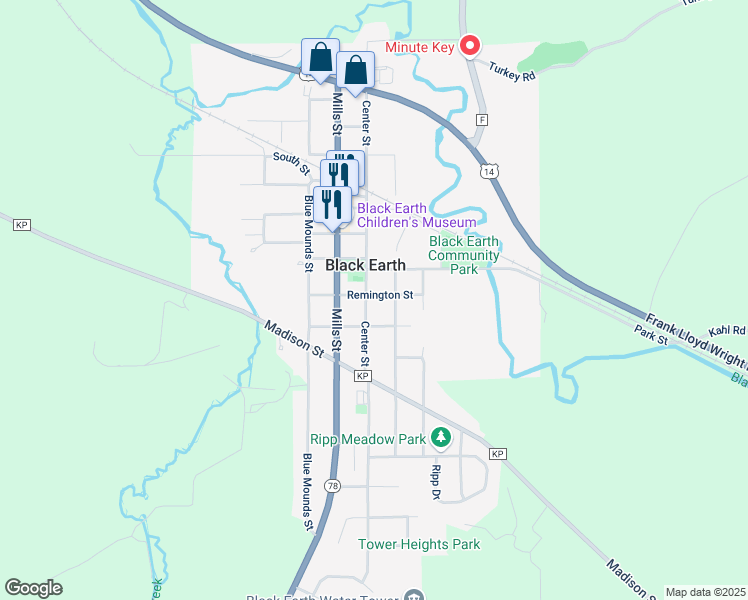 map of restaurants, bars, coffee shops, grocery stores, and more near 1120 Hubbell Street in Black Earth
