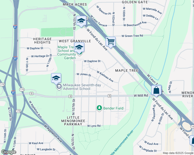 map of restaurants, bars, coffee shops, grocery stores, and more near 10402 West Jonen Street in Milwaukee