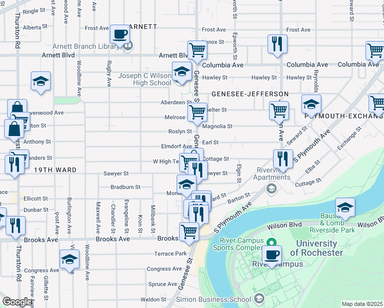 map of restaurants, bars, coffee shops, grocery stores, and more near 703 Genesee Street in Rochester