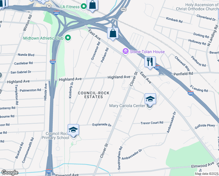 map of restaurants, bars, coffee shops, grocery stores, and more near 210 Council Rock Avenue in Rochester