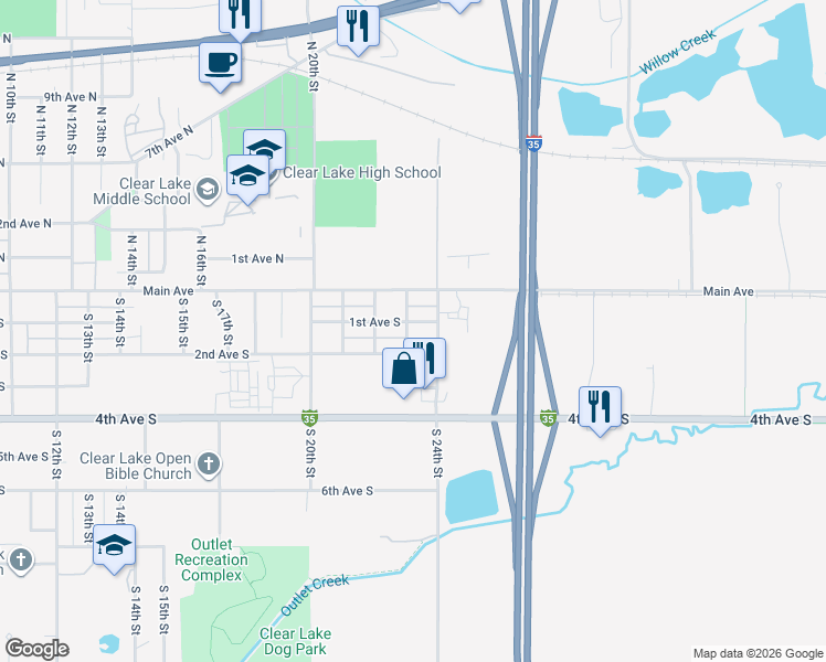 map of restaurants, bars, coffee shops, grocery stores, and more near 2306 2nd Avenue South in Clear Lake