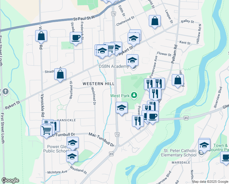 map of restaurants, bars, coffee shops, grocery stores, and more near 99 Louth Street in St. Catharines