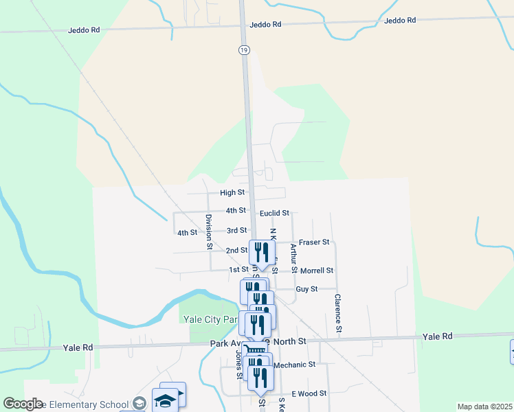 map of restaurants, bars, coffee shops, grocery stores, and more near 410 North Main Street in Yale