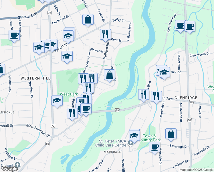 map of restaurants, bars, coffee shops, grocery stores, and more near 63 Kinsey Street in St. Catharines