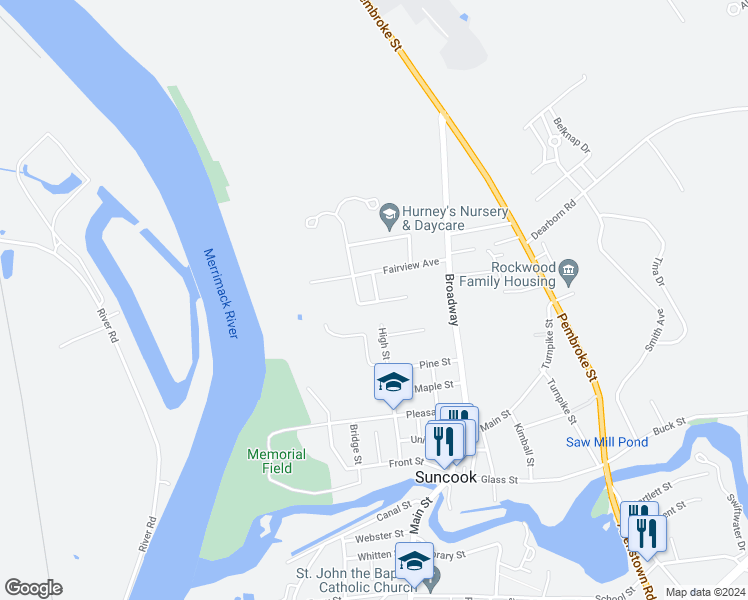 map of restaurants, bars, coffee shops, grocery stores, and more near 47 High Street in Suncook