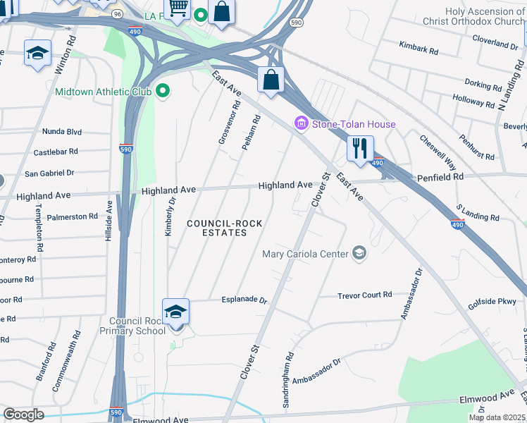 map of restaurants, bars, coffee shops, grocery stores, and more near 210 Council Rock Avenue in Rochester