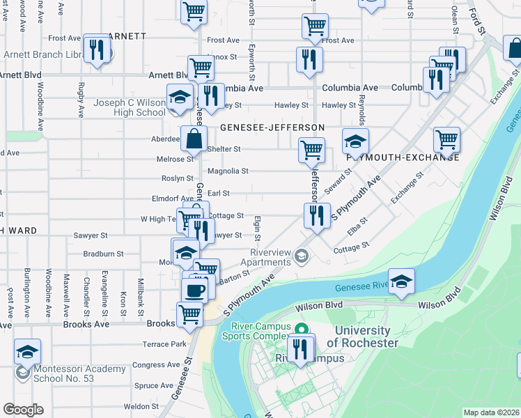 map of restaurants, bars, coffee shops, grocery stores, and more near 6 Elgin Street in Rochester