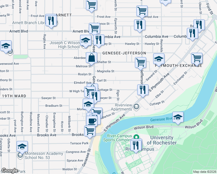 map of restaurants, bars, coffee shops, grocery stores, and more near 437 Cottage Street in Rochester