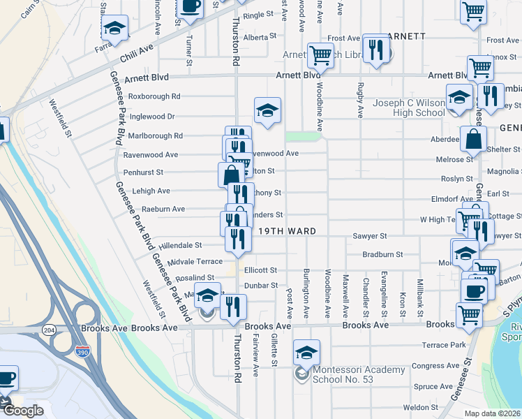 map of restaurants, bars, coffee shops, grocery stores, and more near 129 Flanders Street in Rochester