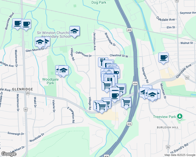 map of restaurants, bars, coffee shops, grocery stores, and more near 99 Jacobson Avenue in St. Catharines