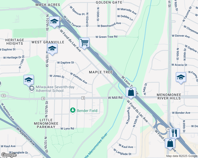 map of restaurants, bars, coffee shops, grocery stores, and more near 6520 North Beale Street in Milwaukee