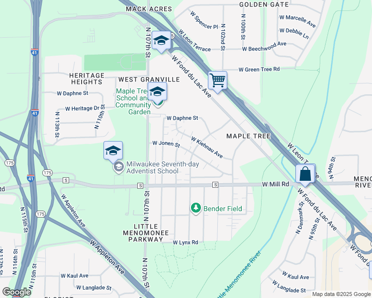 map of restaurants, bars, coffee shops, grocery stores, and more near 6454 North 105th Street in Milwaukee