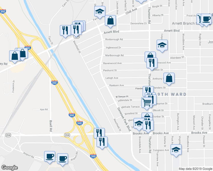 map of restaurants, bars, coffee shops, grocery stores, and more near 975 Genesee Park Boulevard in Rochester