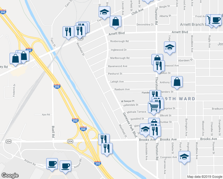 map of restaurants, bars, coffee shops, grocery stores, and more near Genesee Park Boulevard & Raeburn Avenue in Rochester