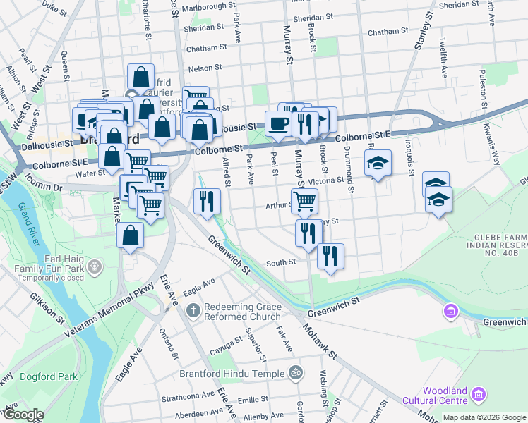 map of restaurants, bars, coffee shops, grocery stores, and more near 27 Arthur Street in Brantford