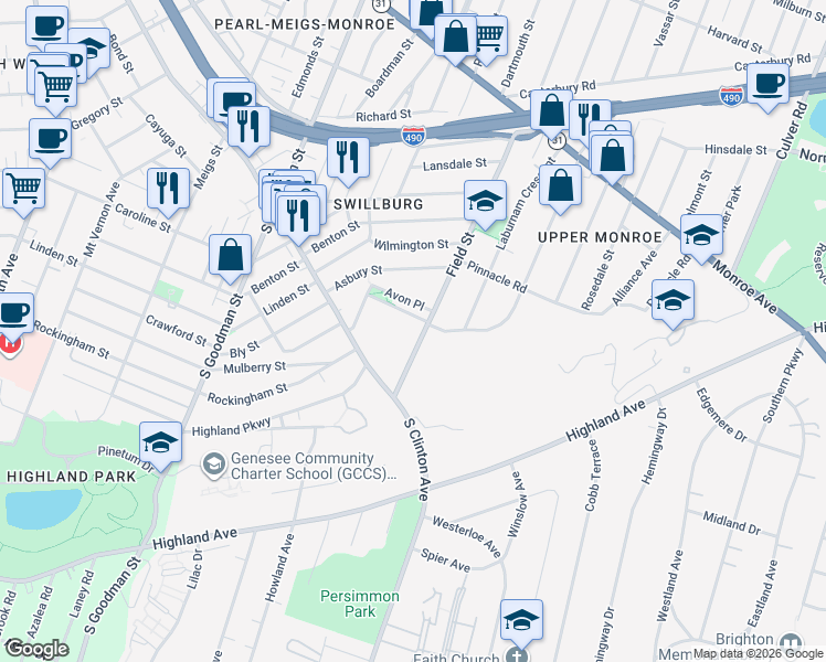 map of restaurants, bars, coffee shops, grocery stores, and more near 353 Field Street in Rochester