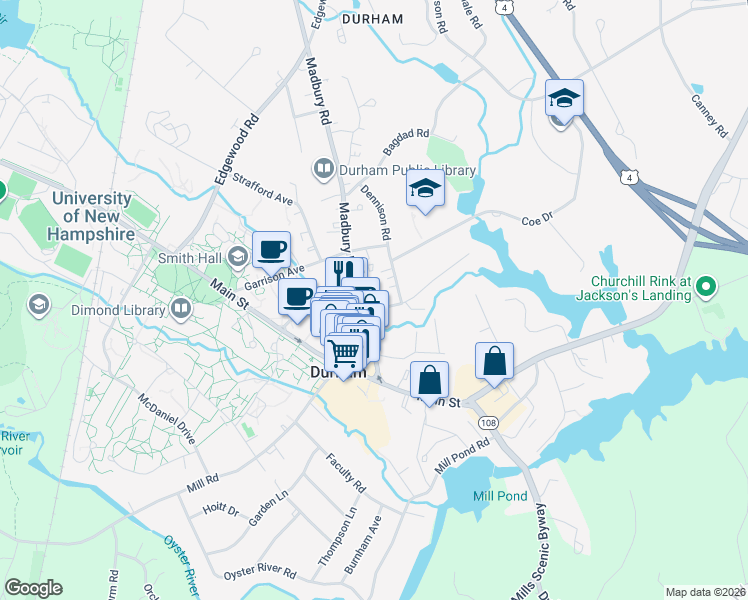 map of restaurants, bars, coffee shops, grocery stores, and more near 22 Madbury Road in Durham