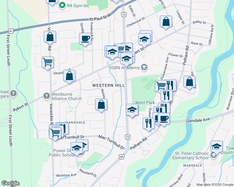 map of restaurants, bars, coffee shops, grocery stores, and more near 9 Valley Road in St. Catharines