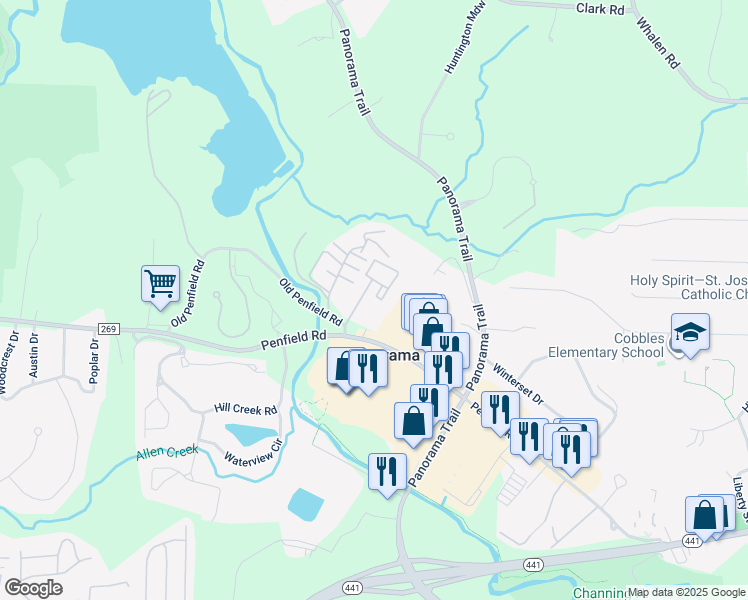 map of restaurants, bars, coffee shops, grocery stores, and more near 282 Penn Lane in Rochester