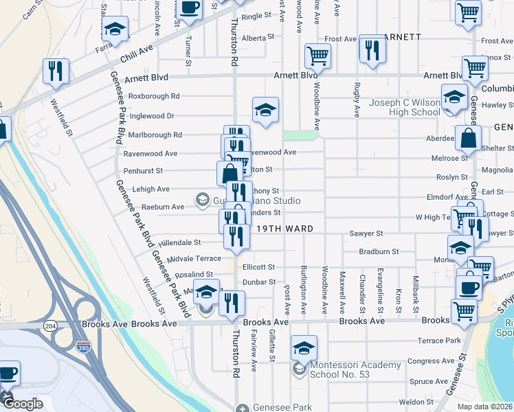 map of restaurants, bars, coffee shops, grocery stores, and more near 123 Anthony Street in Rochester