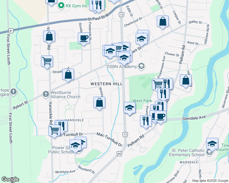 map of restaurants, bars, coffee shops, grocery stores, and more near in St. Catharines