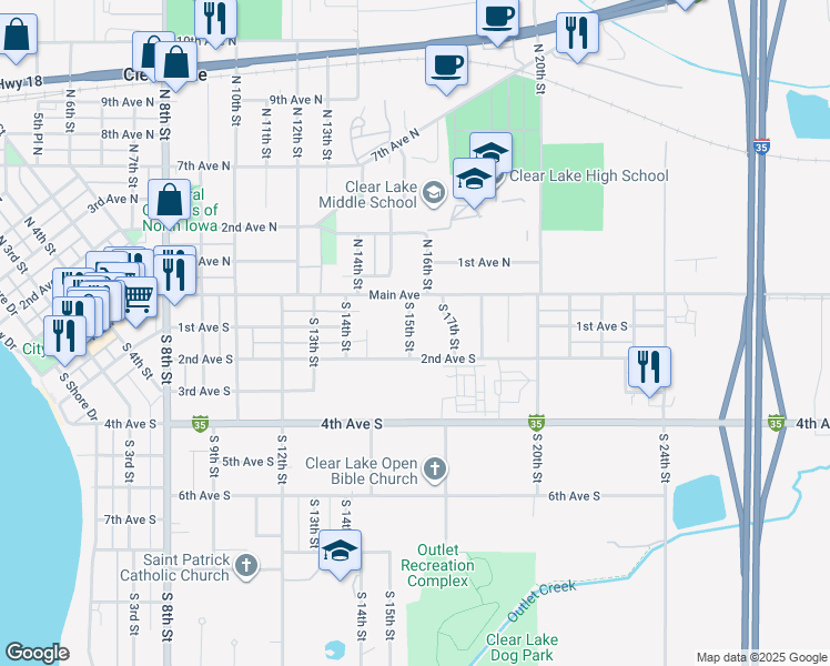 map of restaurants, bars, coffee shops, grocery stores, and more near 1509 Main Avenue in Clear Lake
