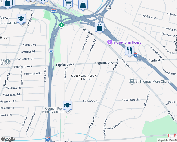map of restaurants, bars, coffee shops, grocery stores, and more near 2525 Highland Avenue in Rochester